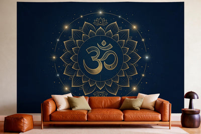Wall decor in a cosy living room above the leather sofa: printed fabric tapestry Om in Gold on Night Blue