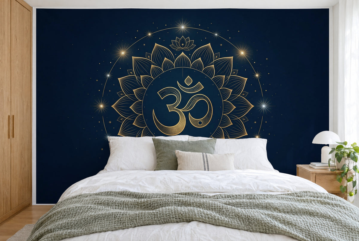 Tapiz de pared grande Om dorado sobre azul noche en el dormitorio, cubriendo la pared detrás de la cama – tela impresa