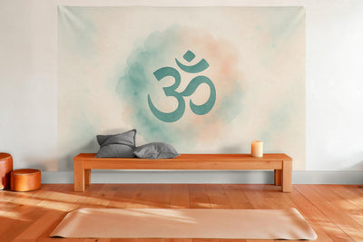 Wandtuch XXL Om-Symbol in Aquarellkreis als Wanddeko im Yogaraum