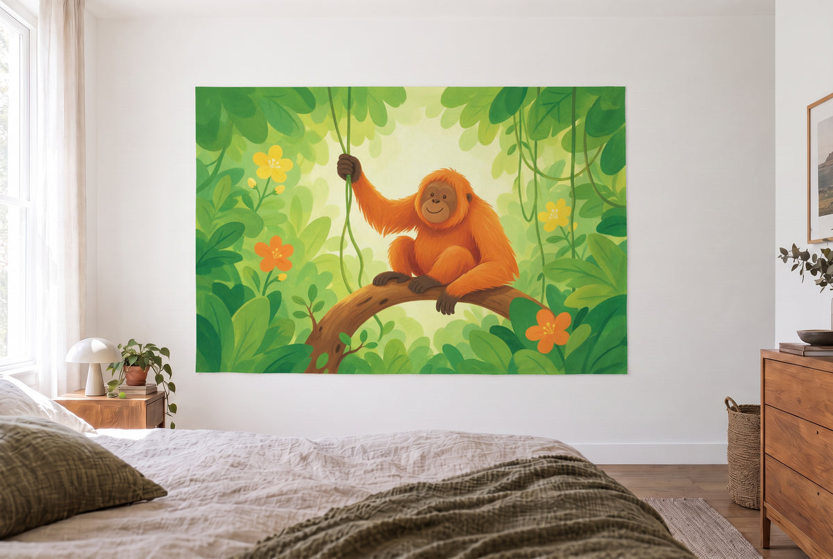 Tenture orang-outan dans une jungle de livre d'images dans une chambre claire face au lit, commode en bois à droite