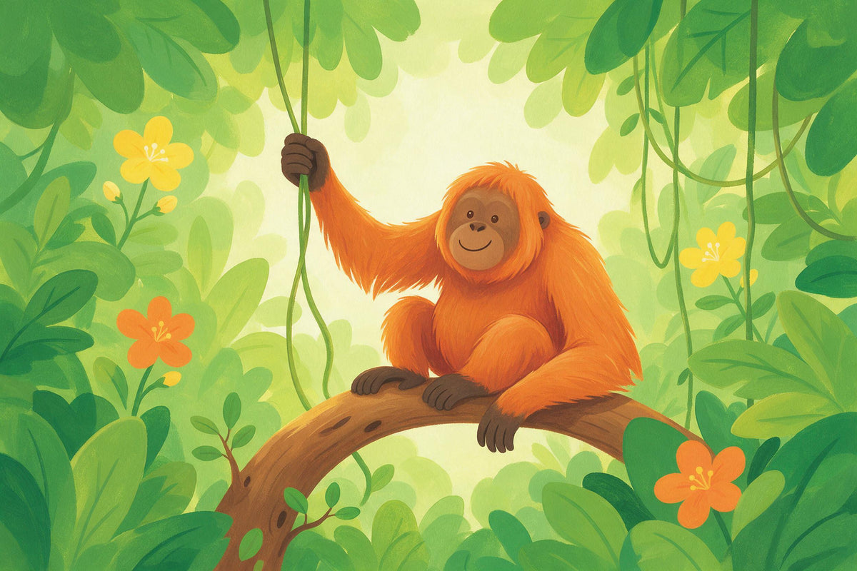Orang-outan sur une branche entre lianes et fleurs, jungle de livre d'images, tenture murale imprimée sur tissu – vert