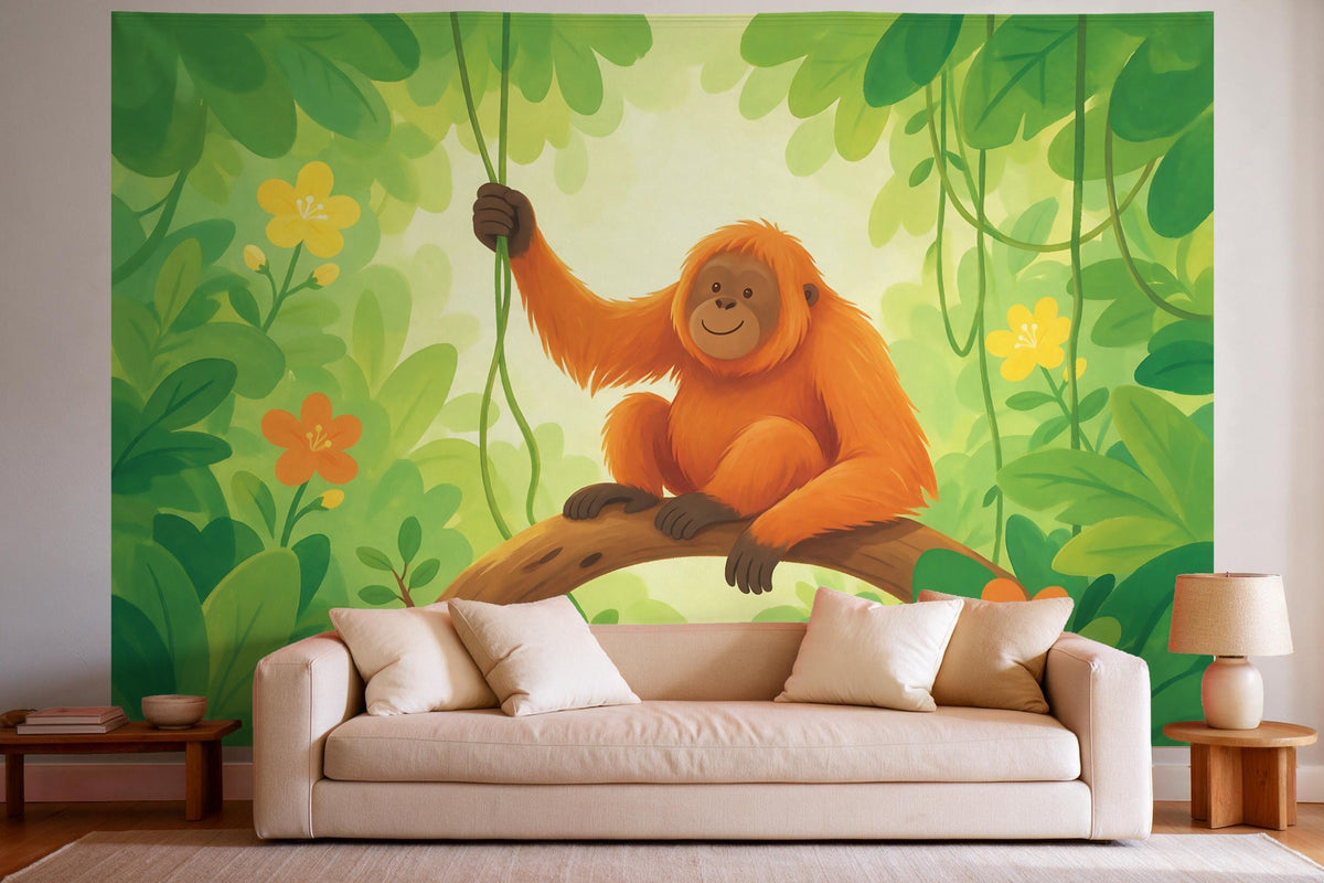 Decoración de pared en un salón luminoso sobre el sofá: tapiz de tela Orangután en la selva de cuento