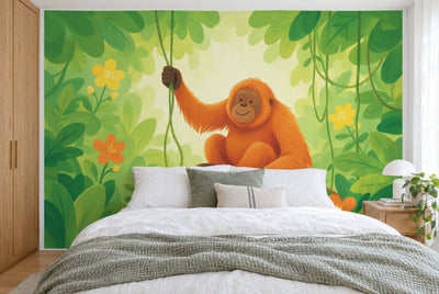 Tissu imprimé XXL : orang-outan au bras levé au centre, feuillage tout autour, mur entier derrière le lit