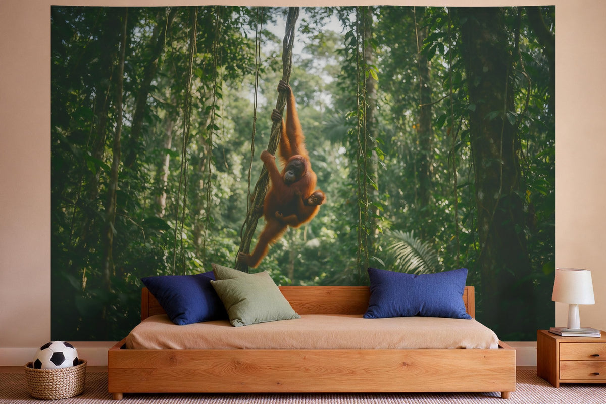Tapiz de pared XXL Orangután en la selva tropical como decoración en un dormitorio de niño