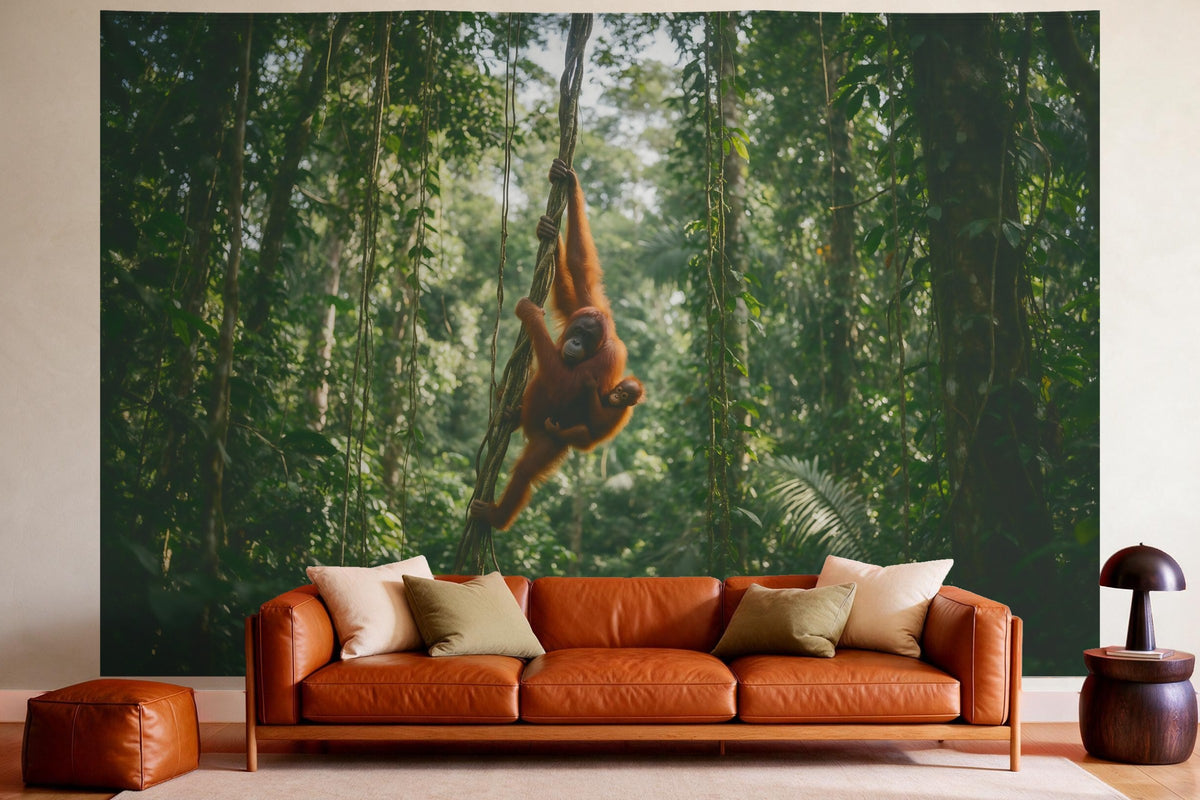 Decoración de pared en un salón acogedor sobre el sofá de cuero: tapiz de tela Orangután en la selva tropical
