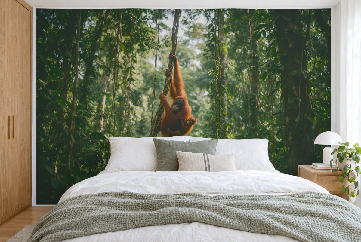 XXL printed fabric: orangutan with baby on lianas in the middle, jungle all around, filling the wall behind the bed