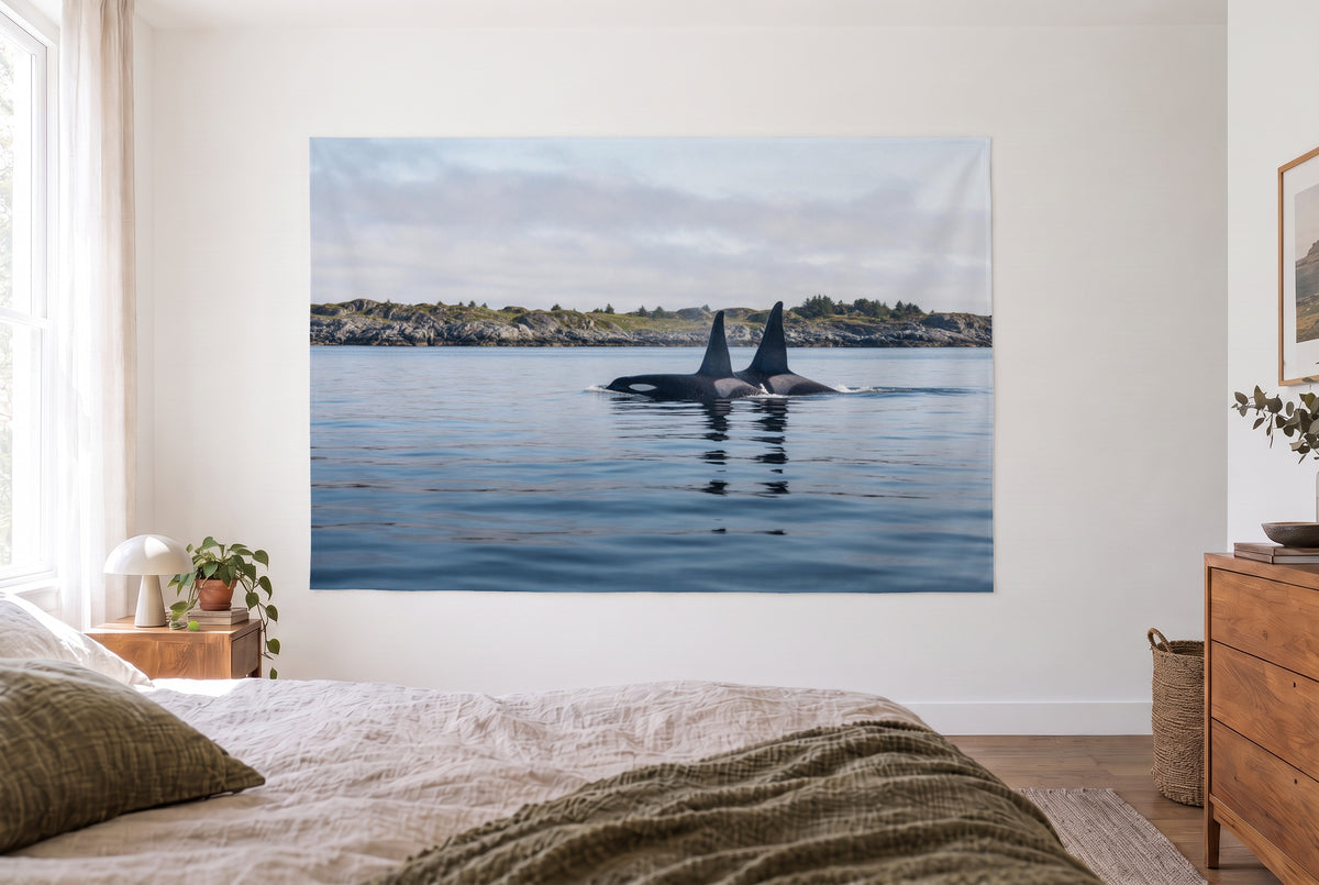 Tapiz orcas frente a la costa rocosa en un dormitorio claro frente a la cama, cómoda de madera a la derecha – azul y gris