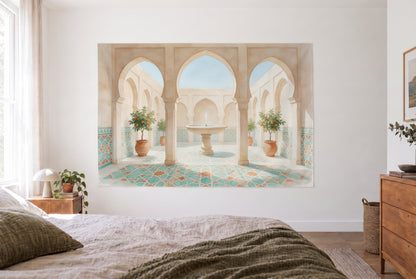 Wandtuch Orientalischer Innenhof mit Brunnen im hellen Schlafzimmer gegenüber dem Bett, rechts eine Holzkommode