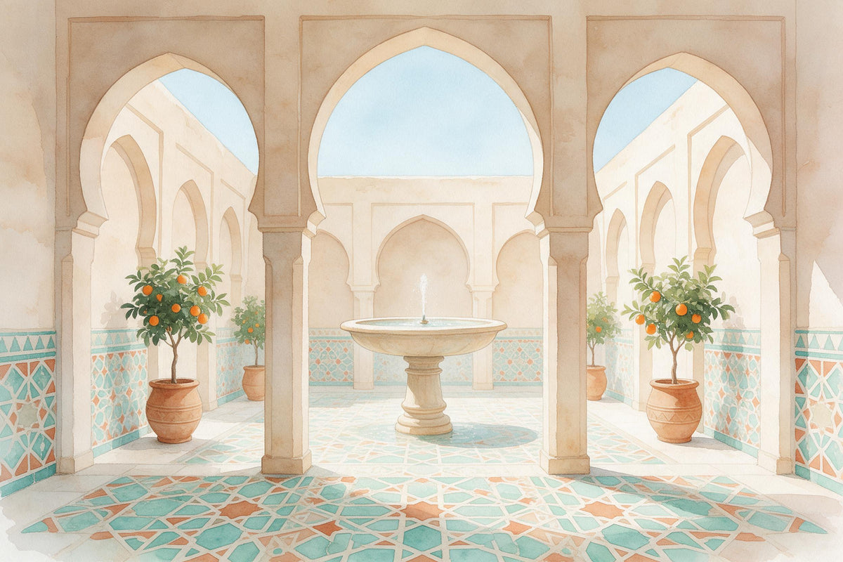 Orientalischer Innenhof mit Steinbrunnen und türkisen Fliesen, als Wandtuch, auf Stoff gedruckt – Türkis und Beige