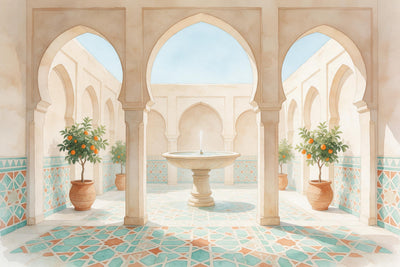 Cour orientale avec fontaine en pierre et carreaux turquoise, tenture murale imprimée sur tissu – turquoise et beige