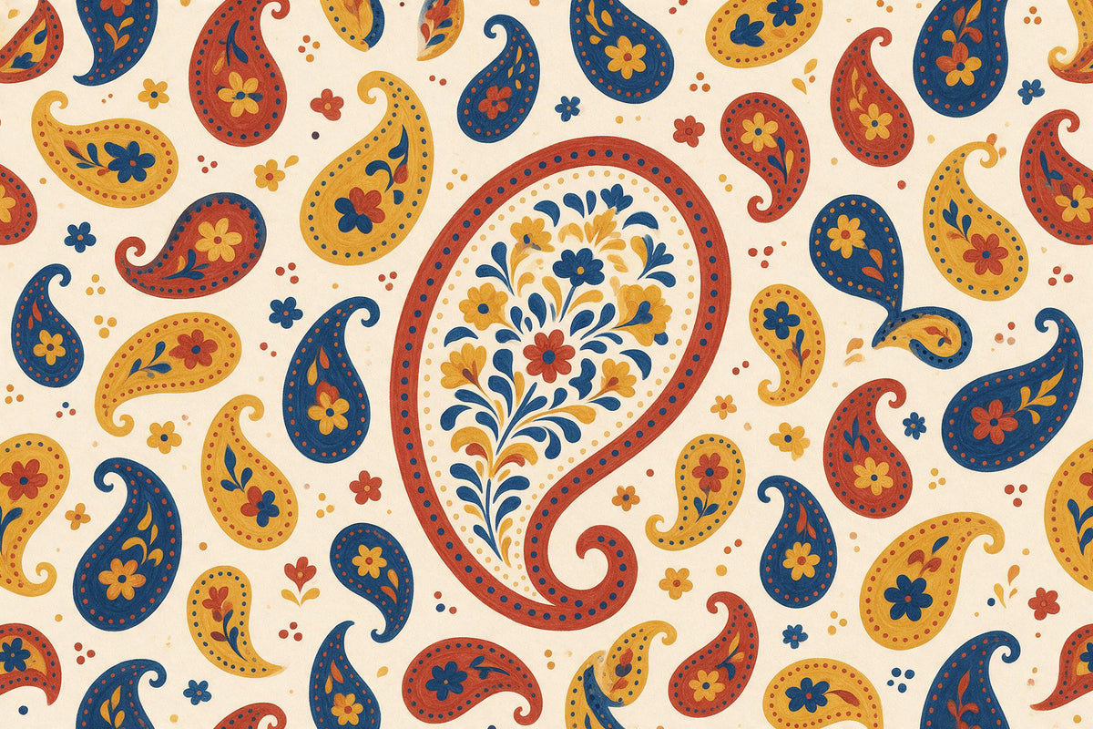 Paisley medallion with blossom bouquet in the centre, painted paisleys on ivory, tapestry printed on fabric – red and yellow