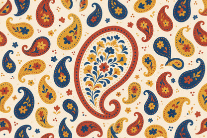 Paisley medallion with blossom bouquet in the centre, painted paisleys on ivory, tapestry printed on fabric – red and yellow