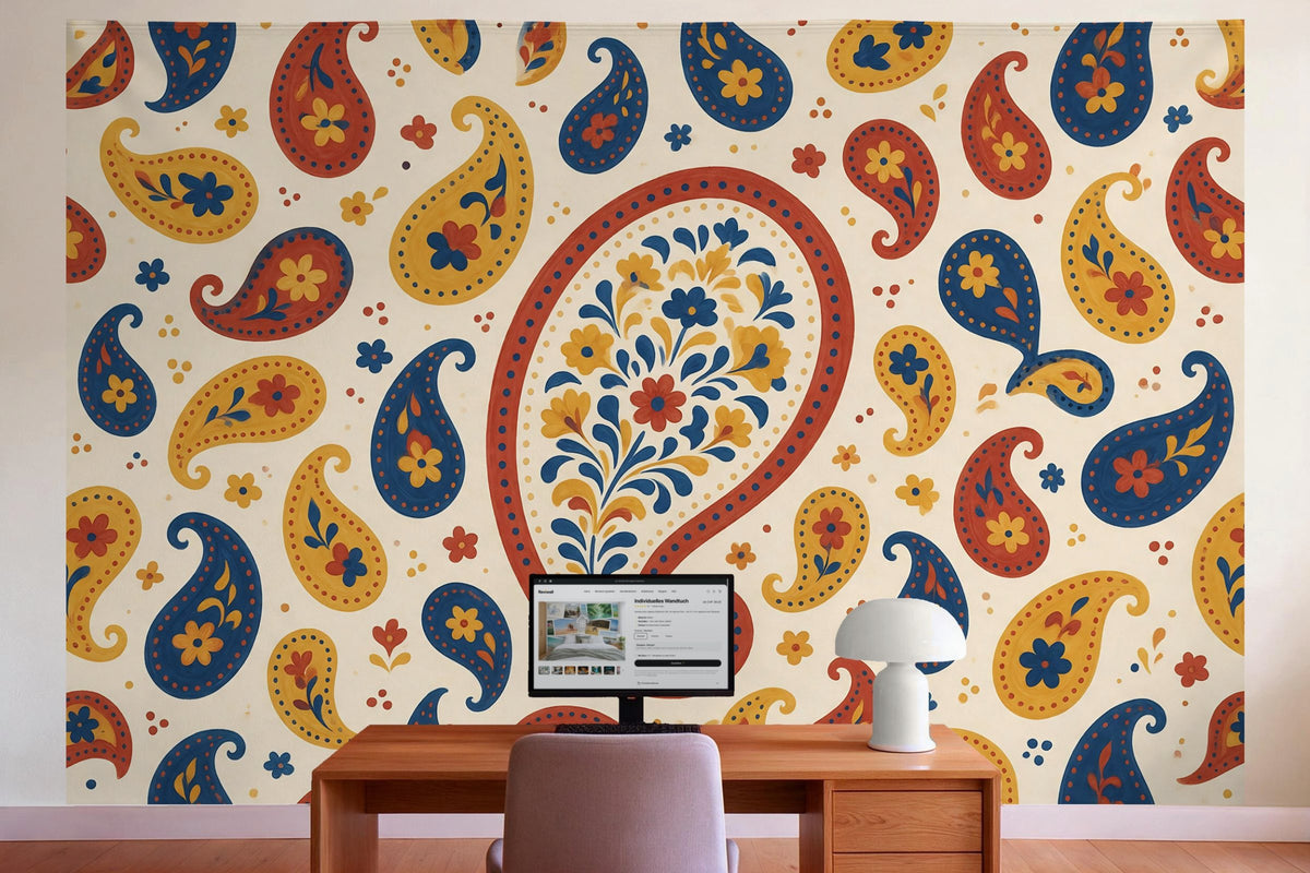 Wall decor in a home office behind the desk: printed fabric tapestry Paisley Pattern in Red and Mustard