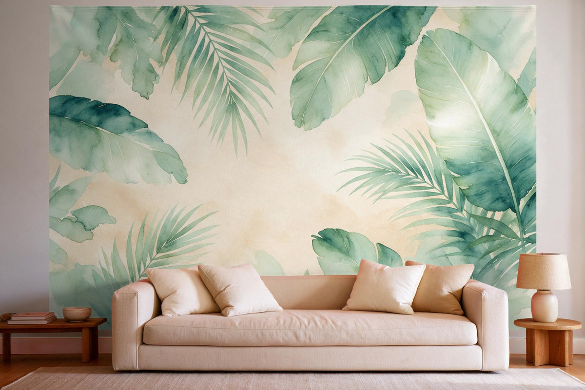 XXL wall tapestry Tropical Palm Leaves in Watercolor as wall decor in a bright living room above the sofa