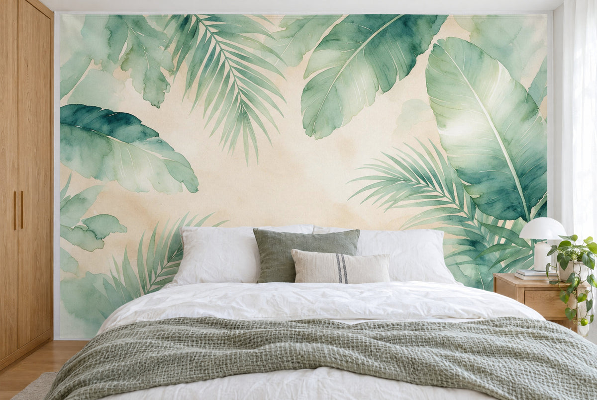 XXL printed fabric: banana leaves at right, palm fronds at left and a light sand centre, filling the wall behind the bed