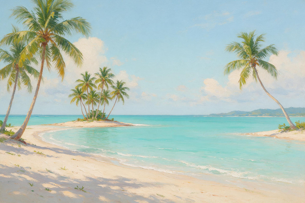 Strand: Palmengruppe vor türkisem Meer und hellem Sand unter weitem Himmel, als Wandtuch, auf Stoff gedruckt – Blau und Beige