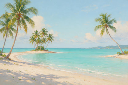 Strand: Palmengruppe vor türkisem Meer und hellem Sand unter weitem Himmel, als Wandtuch, auf Stoff gedruckt – Blau und Beige