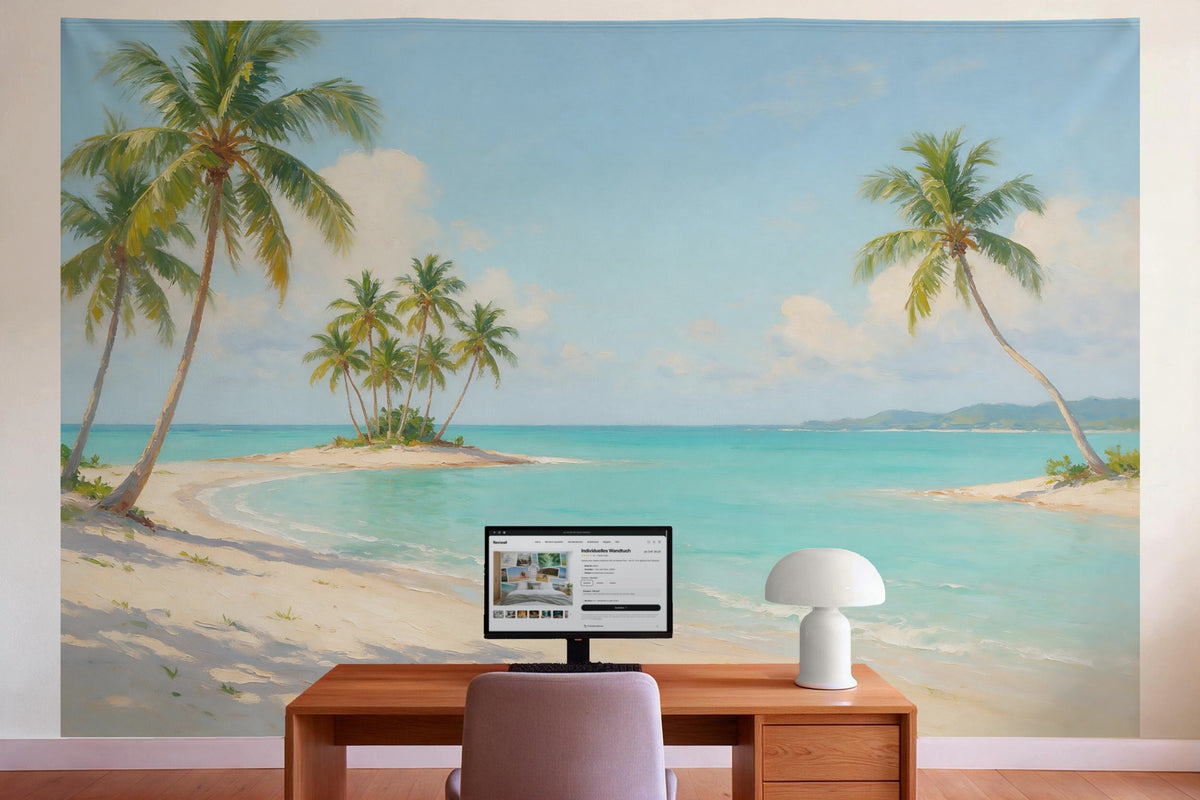 Wall decor in a home office behind the desk: printed fabric tapestry Palm Beach in Oil Painting