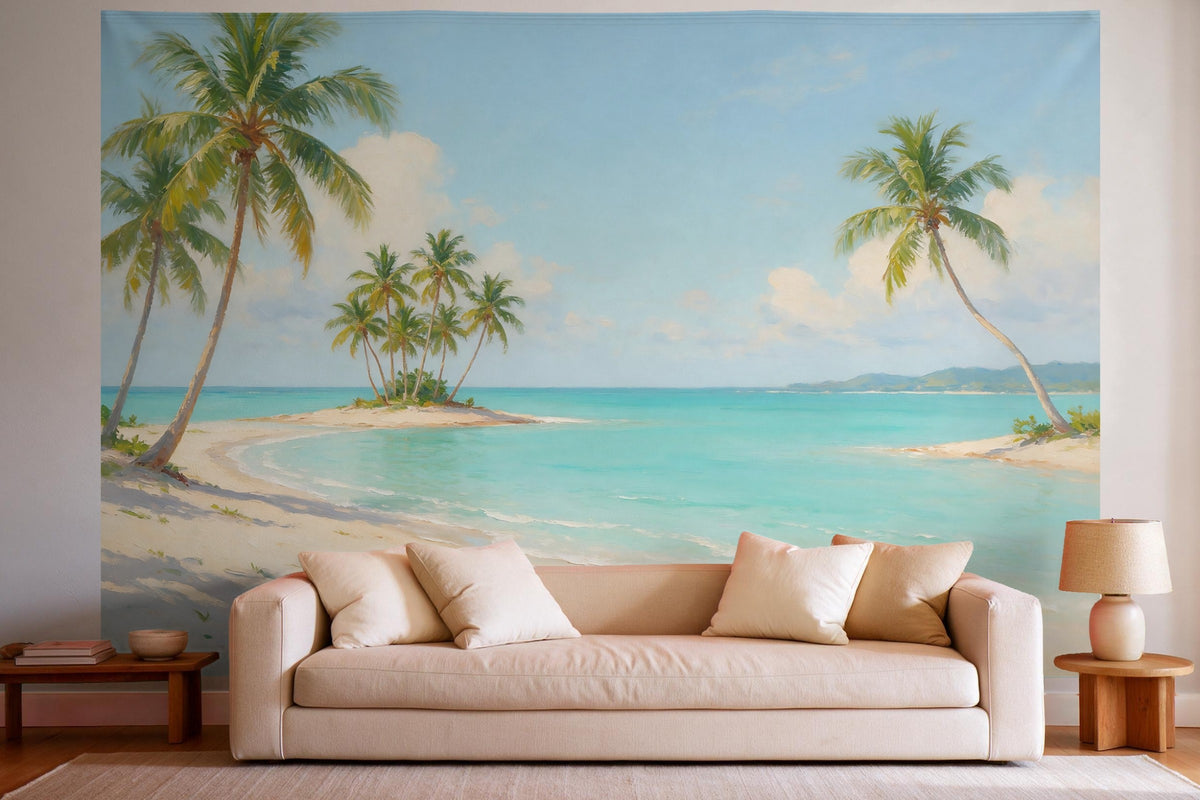 XXL wall tapestry Palm Beach in Oil Painting as wall decor in a bright living room above the sofa