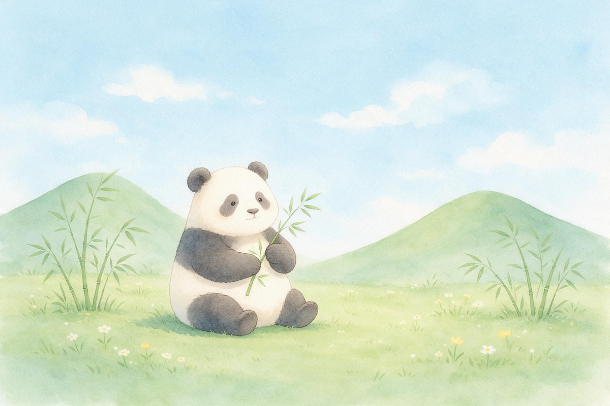 Panda avec une tige de bambou à gauche du centre sur une prairie verte sous un ciel bleu, tenture murale imprimée sur tissu