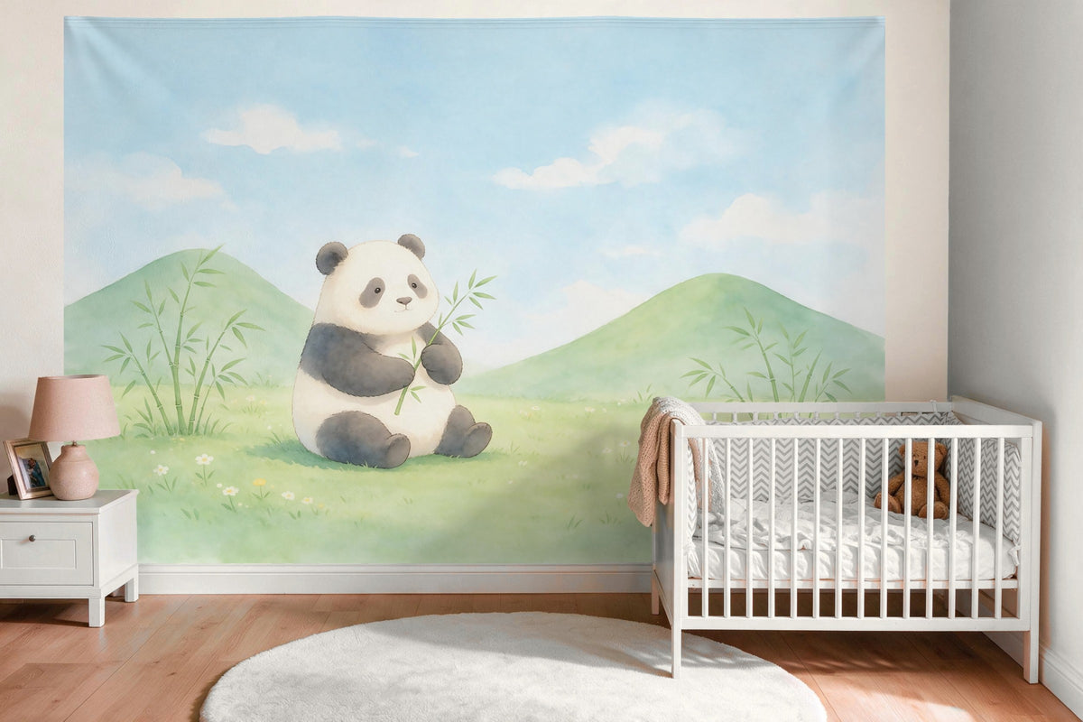 Tapiz de pared XXL Panda con bambú en acuarela como decoración en la habitación del bebé sobre la cuna