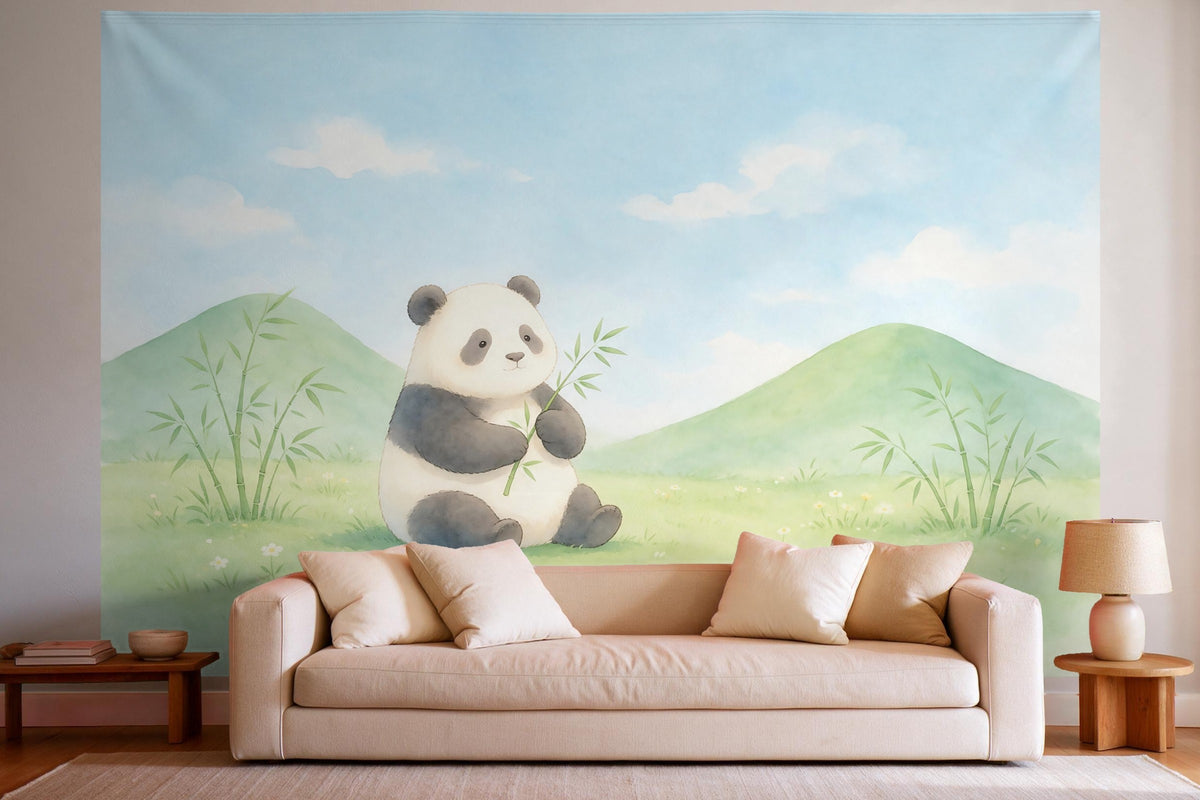 Decoración de pared en un salón luminoso sobre el sofá: tapiz de tela Panda con bambú en acuarela