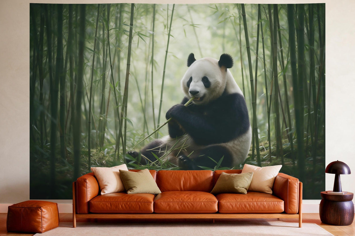 Tapiz de pared XXL Oso panda en el bosque de bambú como decoración en un salón acogedor sobre el sofá de cuero