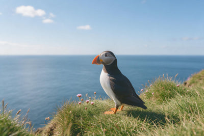 Atlantic puffin with orange beak on a green cliff above the sea, tapestry printed on fabric – green and blue