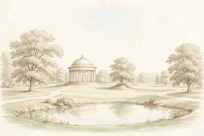 Parklandschaft mit Rundpavillon links der Mitte, alten Bäumen und Teich in Federzeichnung, als Wandtuch, auf Stoff gedruckt