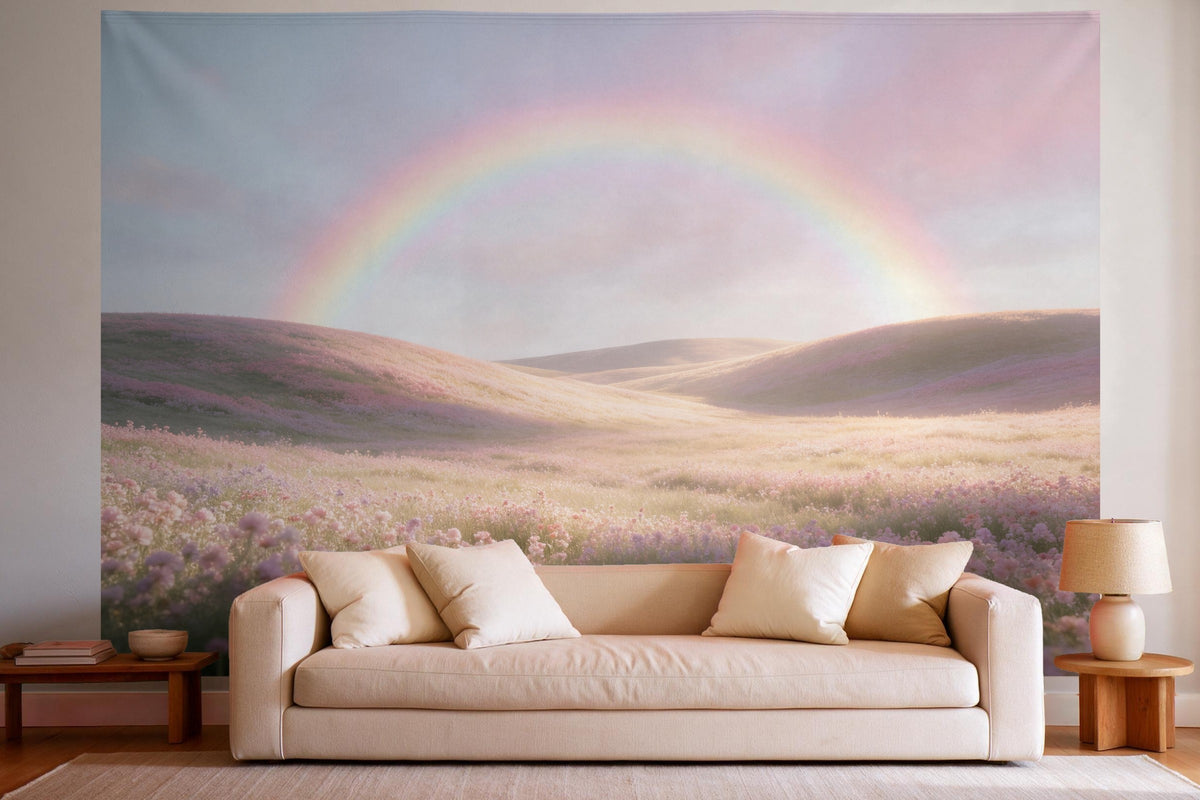 Decoración de pared en un salón luminoso sobre el sofá: tapiz de tela Arcoíris pastel