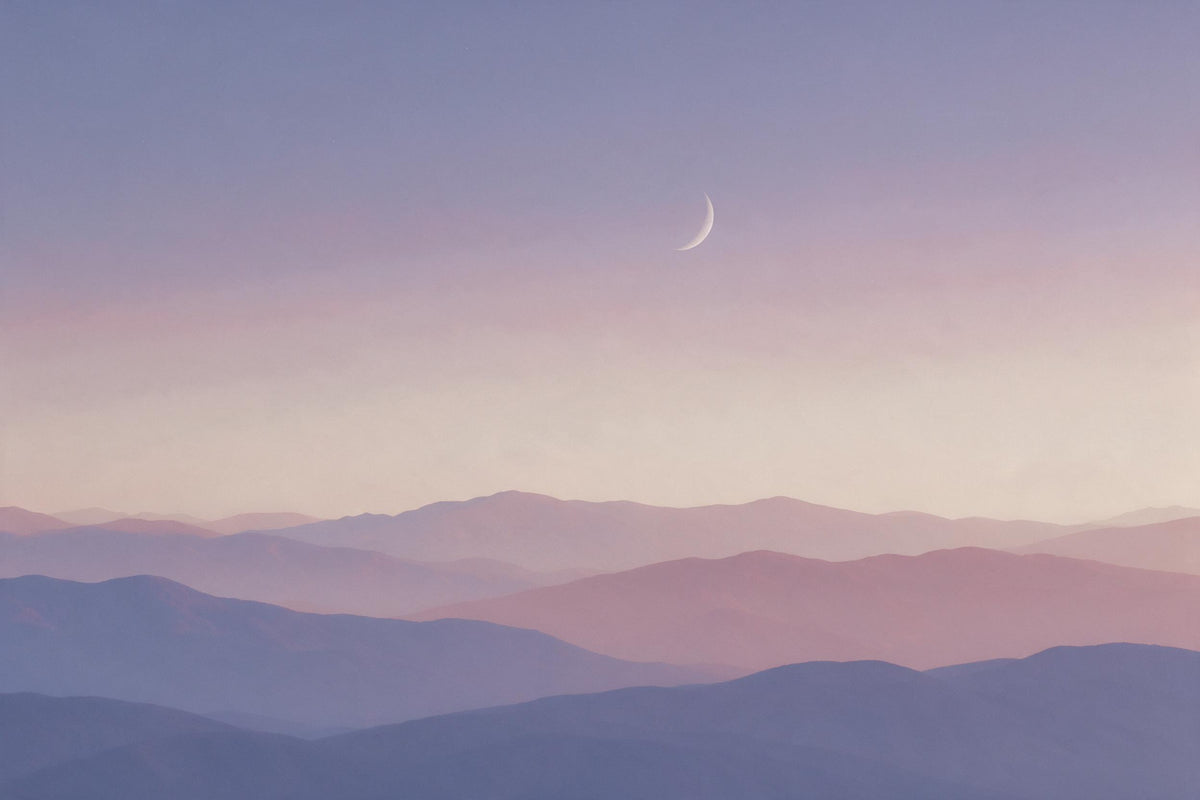 Layered pastel mountains under a pale crescent moon in the evening sky, tapestry printed on fabric – blue and pink