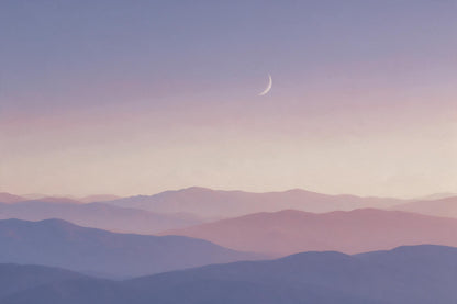 Layered pastel mountains under a pale crescent moon in the evening sky, tapestry printed on fabric – blue and pink