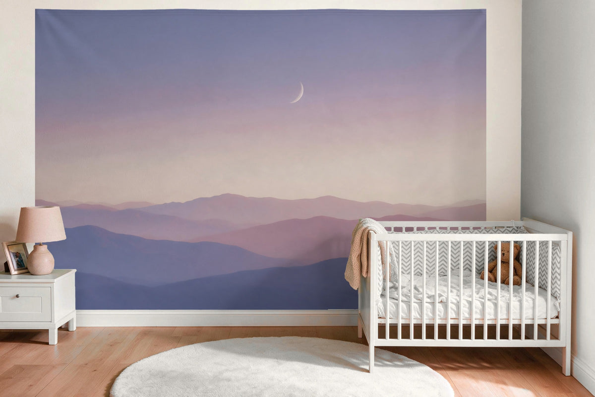 Wandtuch XXL Pastellberge unter dem Mond als Wanddeko im Babyzimmer über dem Babybett