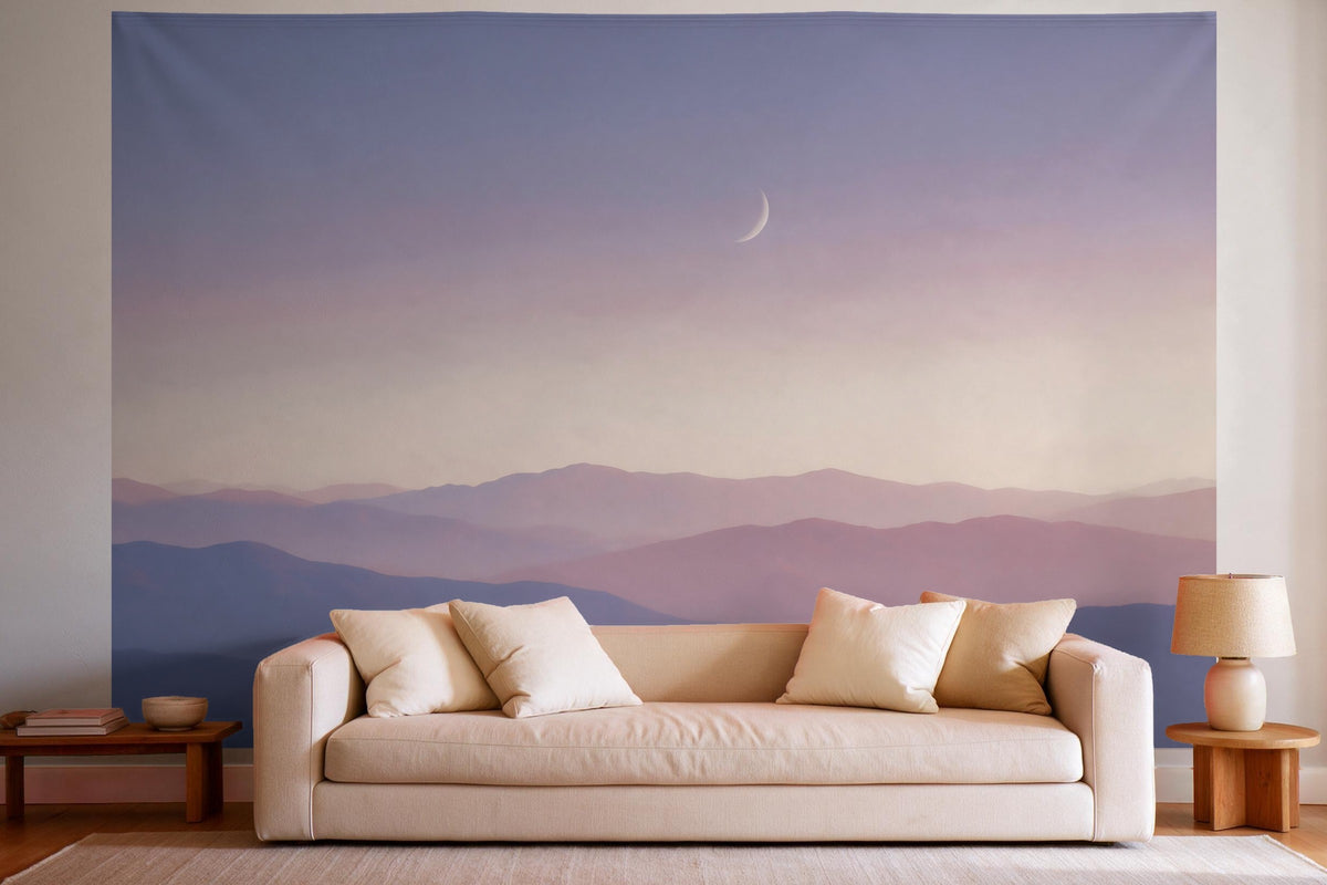 Wanddeko im hellen Wohnzimmer über dem Sofa: Wandtuch Pastellberge unter dem Mond, auf Stoff gedruckt