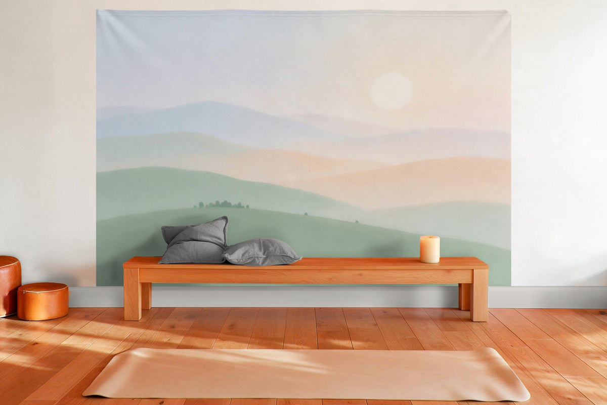 Wanddeko im Yogaraum: Wandtuch Pastell-Landschaft im Morgendunst, auf Stoff gedruckt