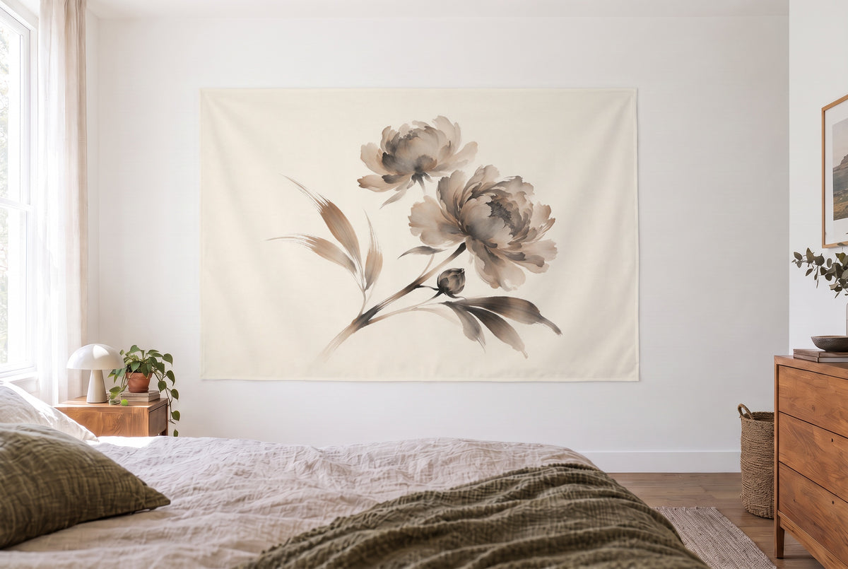 Peonies in sepia ink tapestry in a bright bedroom opposite the bed, wooden dresser at right – brown