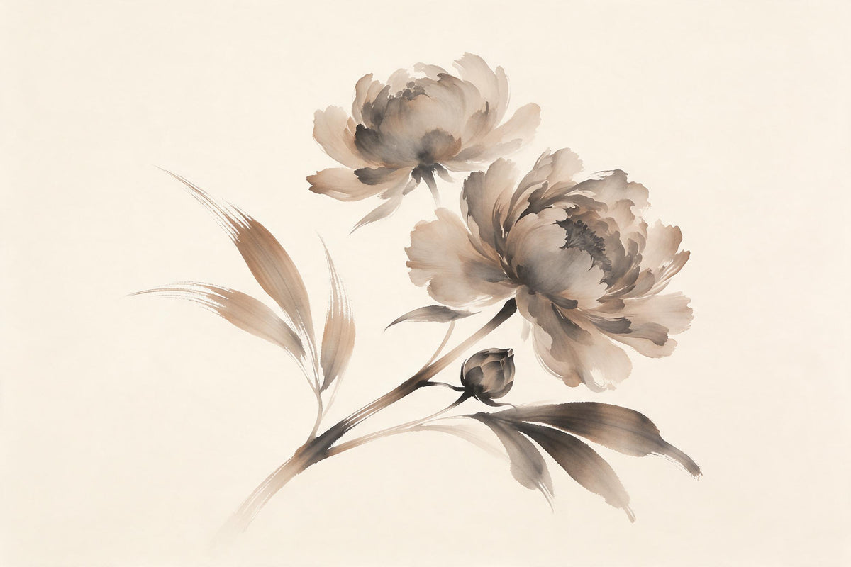 Peonies in sepia ink with two blooms and a bud, tapestry printed on fabric – brown and grey