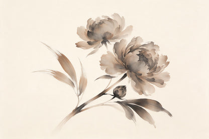 Peonies in sepia ink with two blooms and a bud, tapestry printed on fabric – brown and grey
