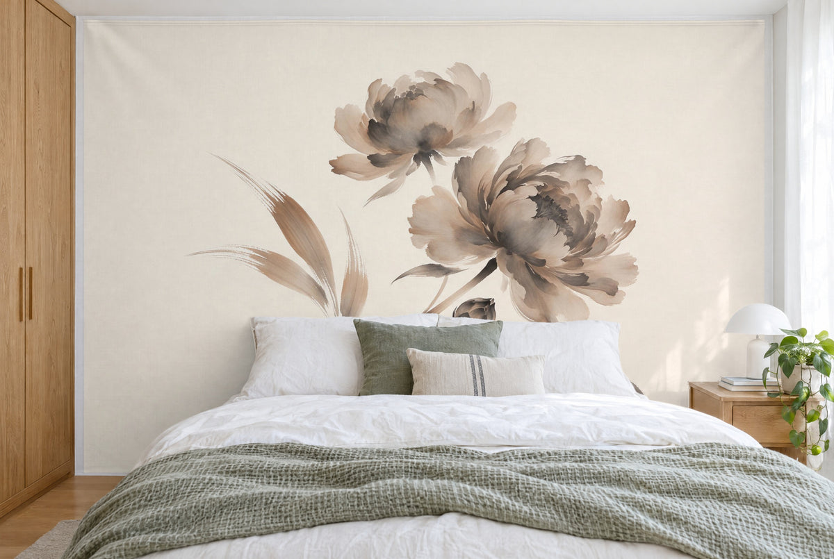 XXL printed fabric: peonies in sepia ink slightly right, full wall behind the bed