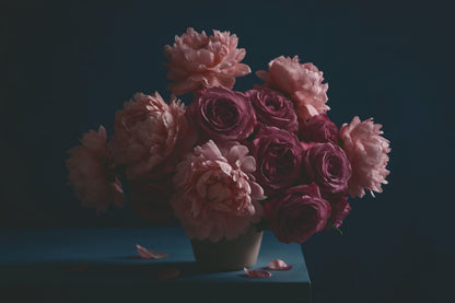 Pfingstrosen und Rosen in schlichter Vase vor Mitternachtsblau, als Wandtuch, auf Stoff gedruckt – Rosa und Blau