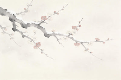 Japanese plum blossoms on a gnarled branch with snow in gray and pink, tapestry printed on fabric