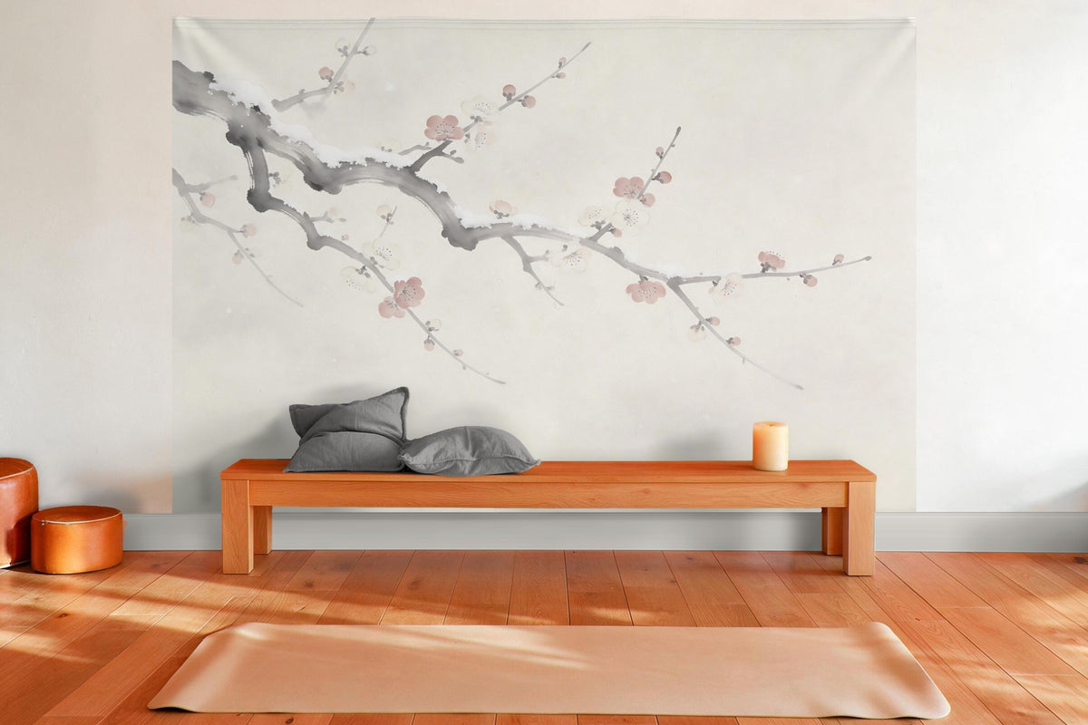 Wandtuch XXL Japanische Pflaumenblüten im Schnee als Wanddeko im Yogaraum