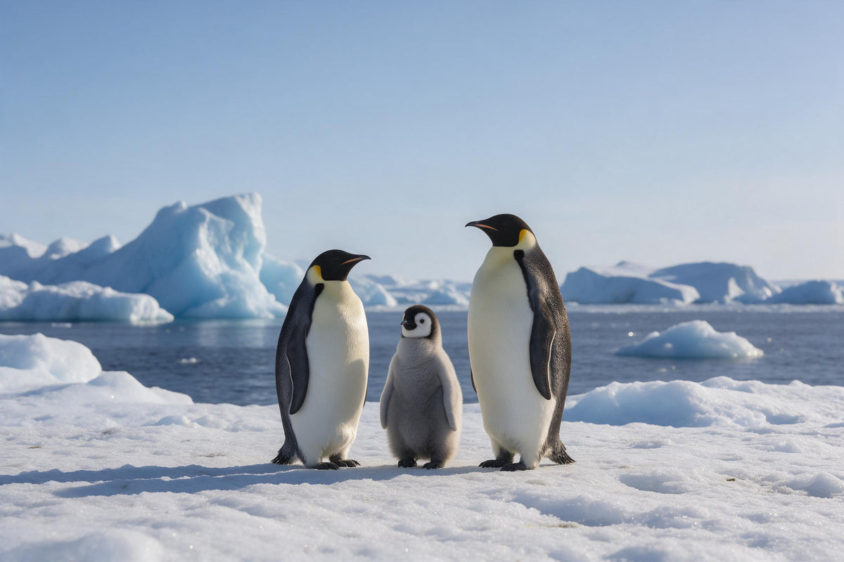 Pingüinos en familia con un polluelo esponjoso sobre hielo blanco ante icebergs azules, tapiz impreso en tela – azul hielo