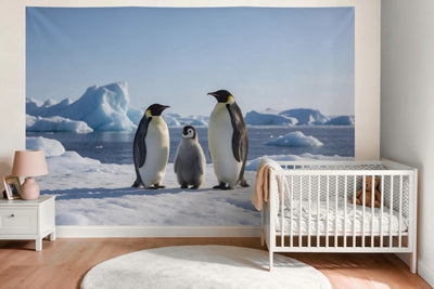 Decoración de pared en la habitación del bebé sobre la cuna: tapiz de tela Pingüinos sobre el hielo