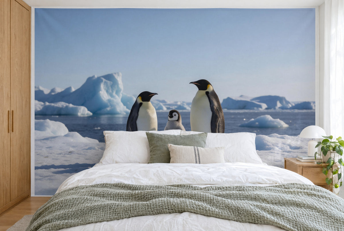 Tapiz de pared grande Pingüinos sobre el hielo en el dormitorio, cubriendo la pared detrás de la cama – tela impresa