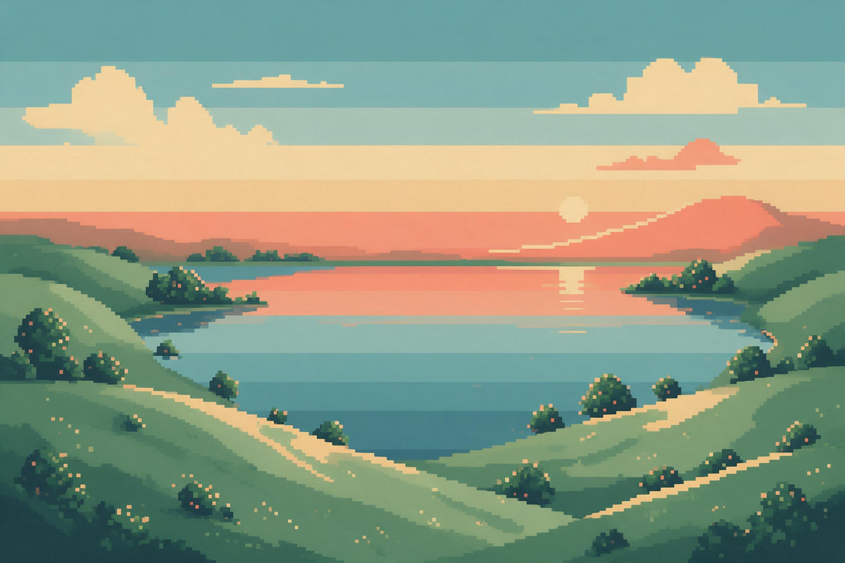 Paysage en pixel art avec un lac paisible entre des collines vertes, tenture murale imprimée sur tissu – bleu et orange