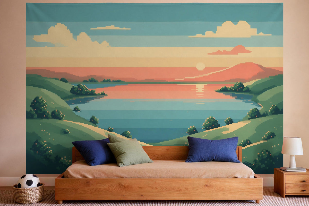 Wall decor in a boys' bedroom: printed fabric tapestry Pixel Art Landscape with Lake