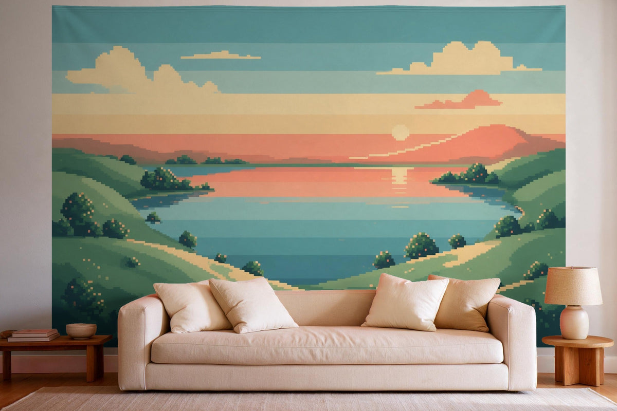 XXL wall tapestry Pixel Art Landscape with Lake as wall decor in a bright living room above the sofa