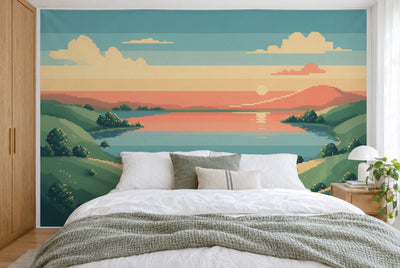 Tissu imprimé XXL : lac paisible sous un ciel du soir orange, collines vertes autour, mur entier derrière le lit