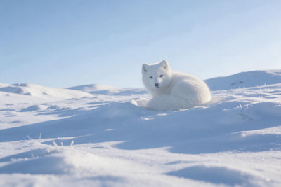 Weisser Polarfuchs eingerollt im Schnee einer weiten Winterlandschaft, als Wandtuch, auf Stoff gedruckt – Weiss und Eisblau